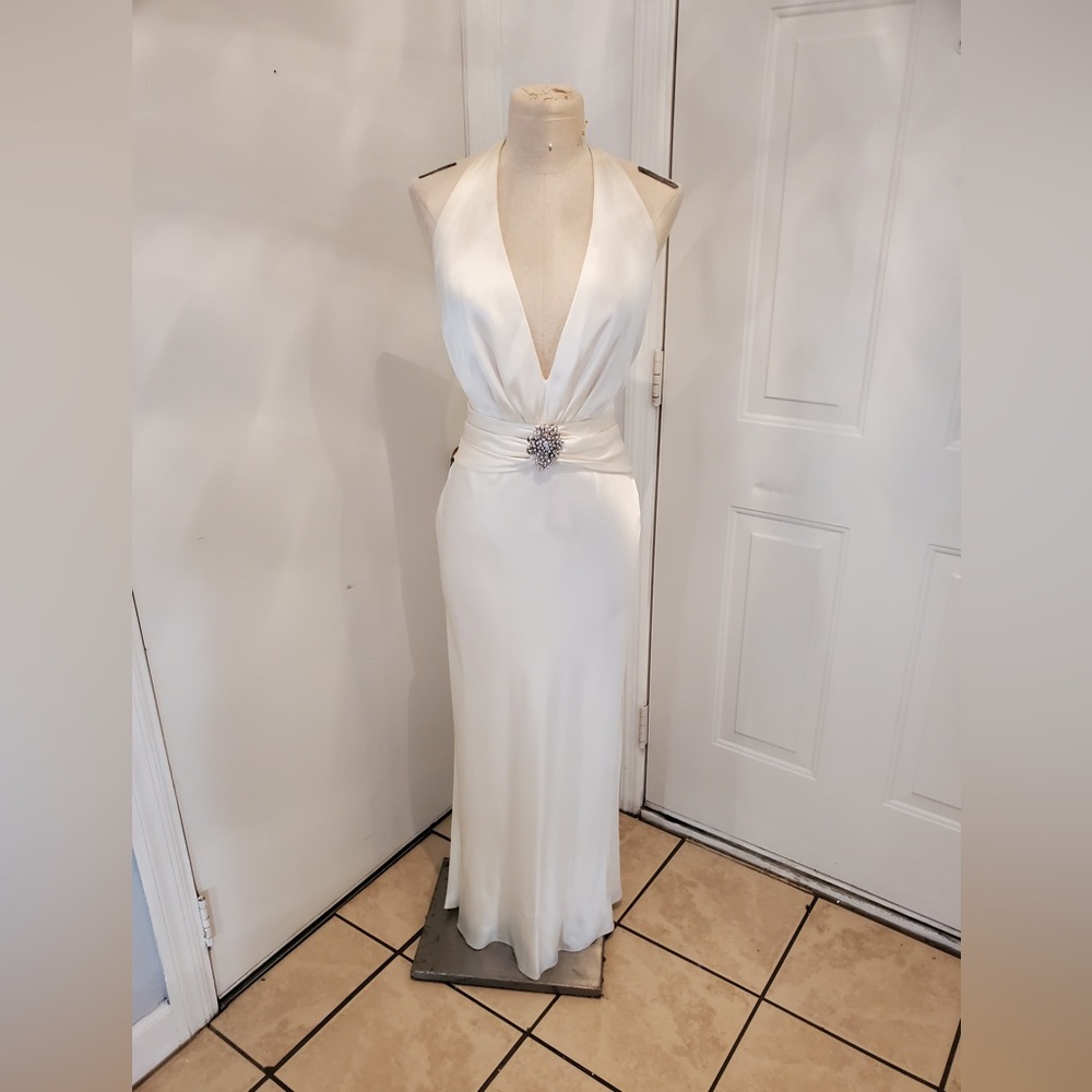 Gordy Atelier Satin Ivory gown, halter front with open back. Size small/ medium